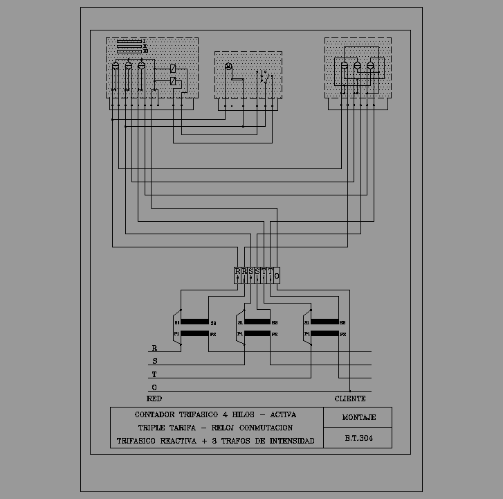 Bloque Autocad Contador trifásico 4 hilos activa, triple tarifa, reloj conmutación, trifásico reactiva + 3 trafos de intensidad, ERZ BT 304.